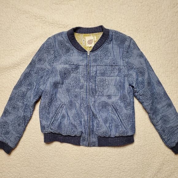 Anthropologie Lilka Floral Embroidered Denim Bomber Jacket Size S - Picture 2 of 14